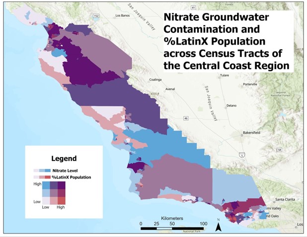 Map: Nitrate groundwater contamination and percentage Latinx population Central Coast
