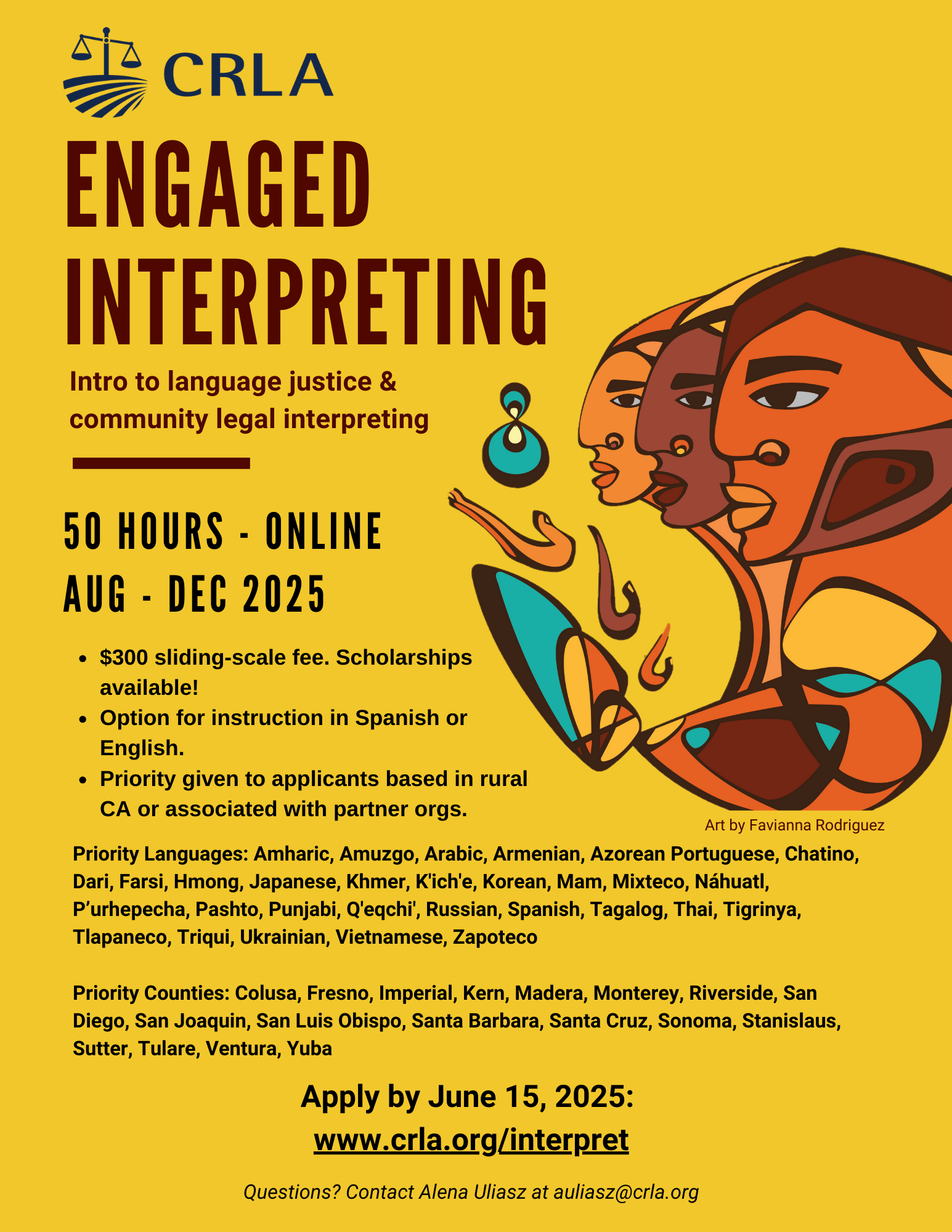 flyer with details about CRLA Engaged Interpreting Training for 2025 with image of three faces