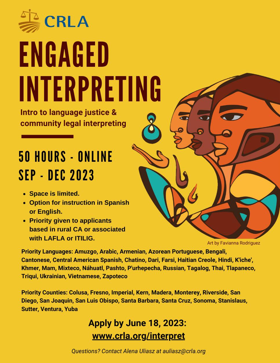 information about CRLA's Engaged Interpretation training with artwork by Favianna Rodriguez